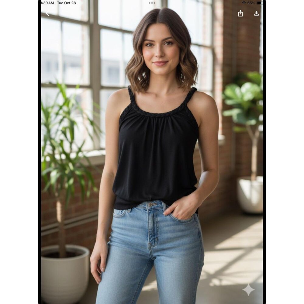 Zoah Black Braided Trim Tank Top Loose Fit Medium Goth Summer EUC
